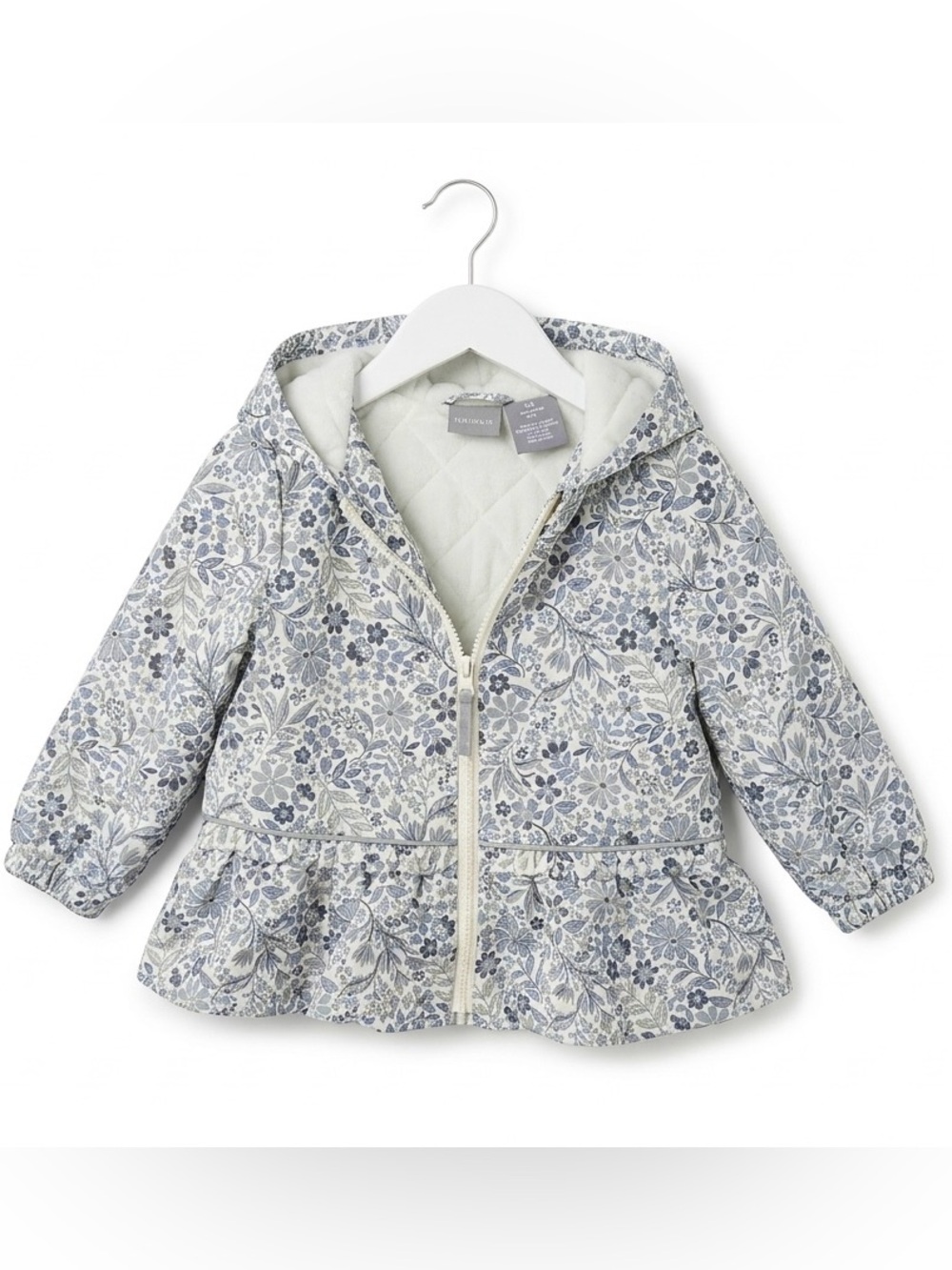 Tahari Toddler Girls Hooded Dainty Floral Zip Peplum Jacket in Blue and Cream